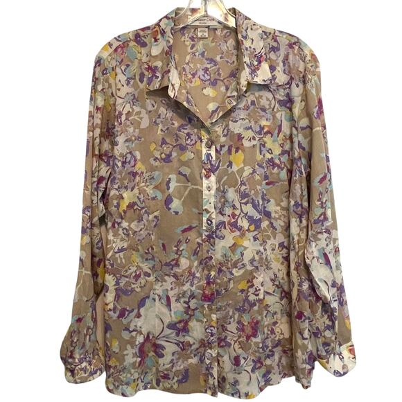 Coldwater Creek No Iron Button Top Womens Size 2X Tan Watercolor Floral Shirt - Picture 2 of 8